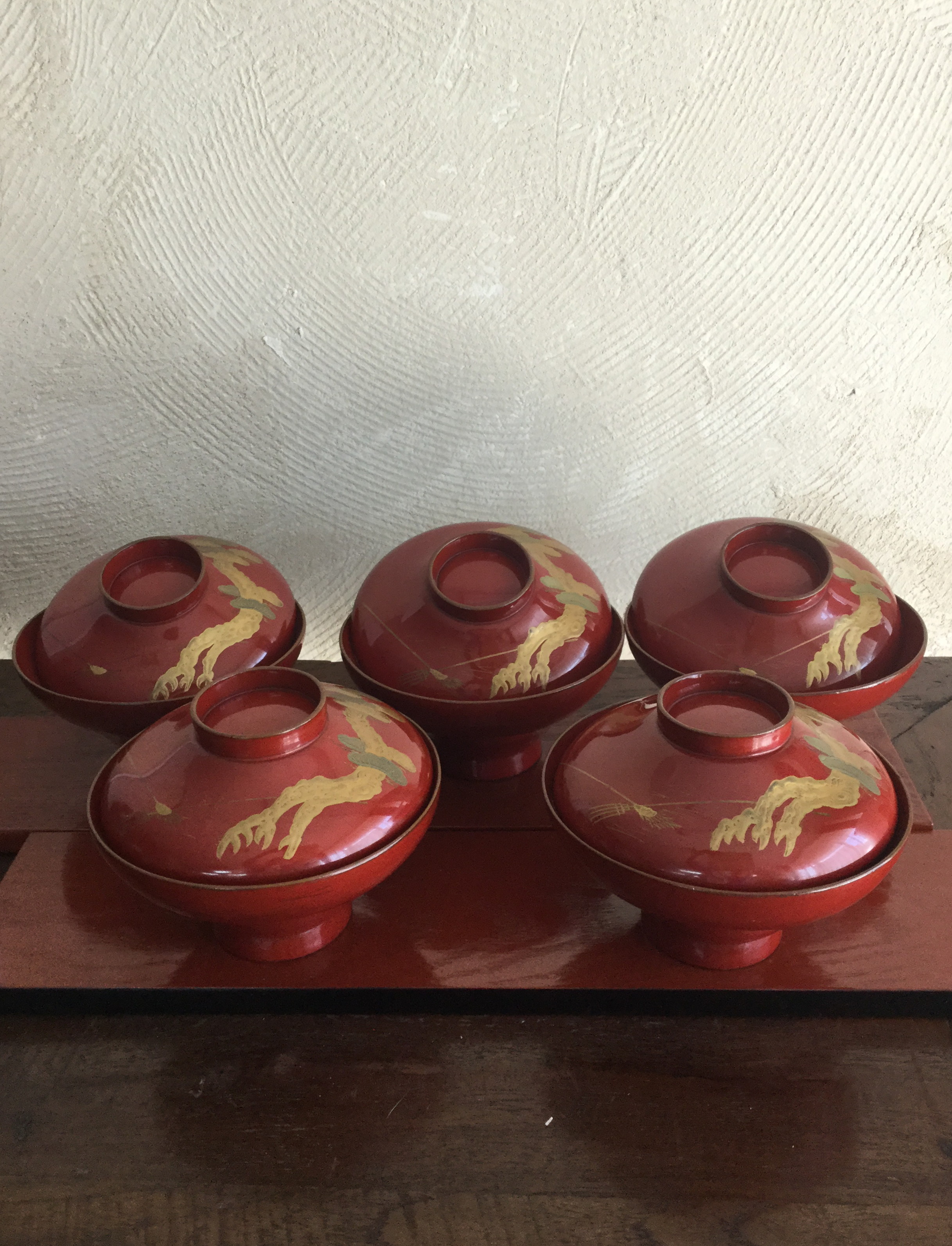 Antique Sam's Collection朱漆塗松金蒔絵碗五客組