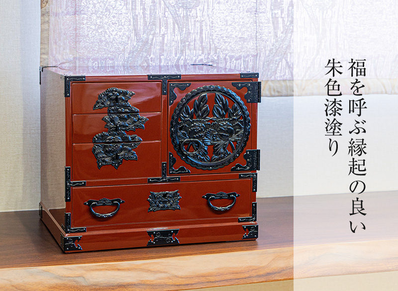 仙台箪笥 片開小箪笥 KM-3E 朱色漆塗り｜和モダン・小物入れ・
