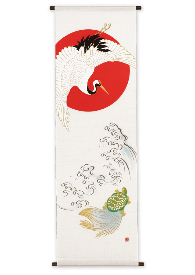 手染め麻タペストリー「つるかめ吉祥」 [京都洛柿庵オンラインショップ]