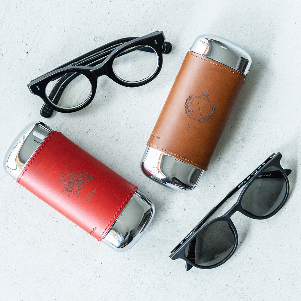 名入れ Ovalグラスケース ワンタッチ 革巻きメガネケース 本革 革