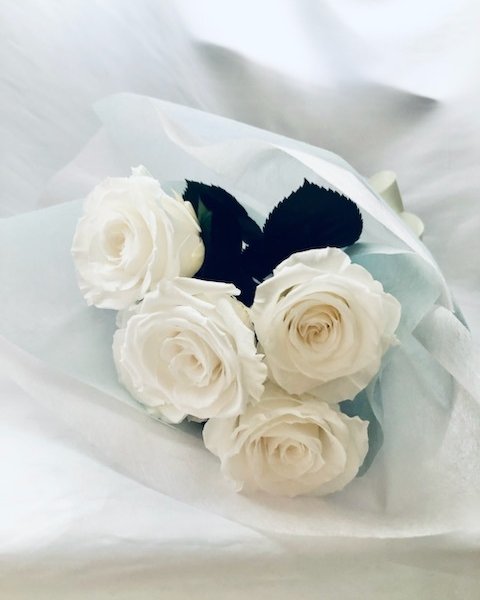 プリザーブドフラワー白い大輪の薔薇5本のふんわり花束ラッピング