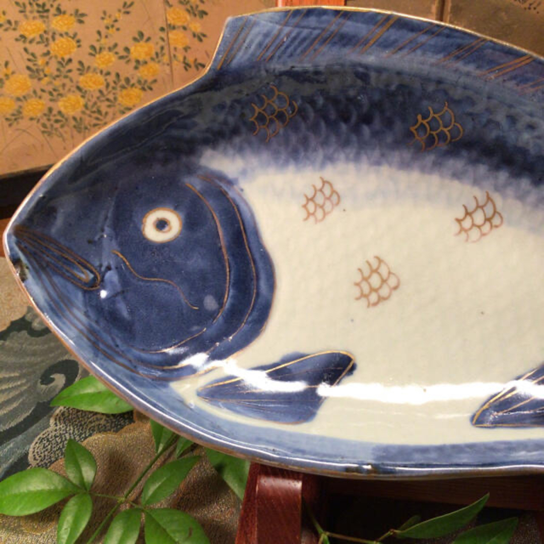 A378 古伊万里元禄 染付 金彩 変形魚型皿 1客の通販 by arajin's shop