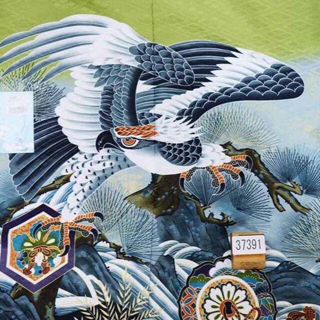 七五三 五歳 男児 羽織袴フルセット 緑地 鷹 縞袴 袴変更可能 NO37391