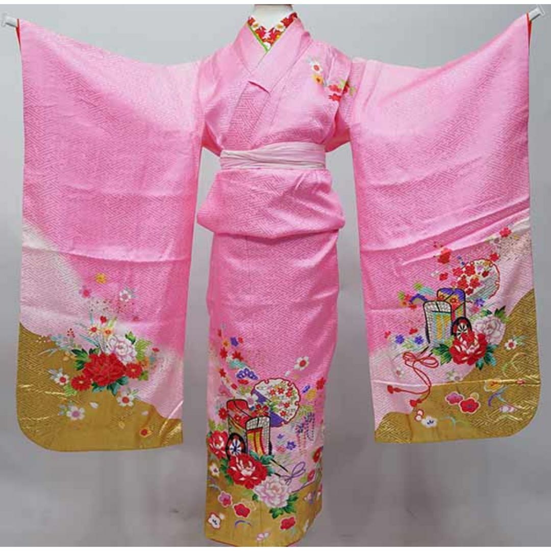 七歳 女児 着物と長襦袢セット ピンク 刺繍入半襟縫付 日本製 NO40466