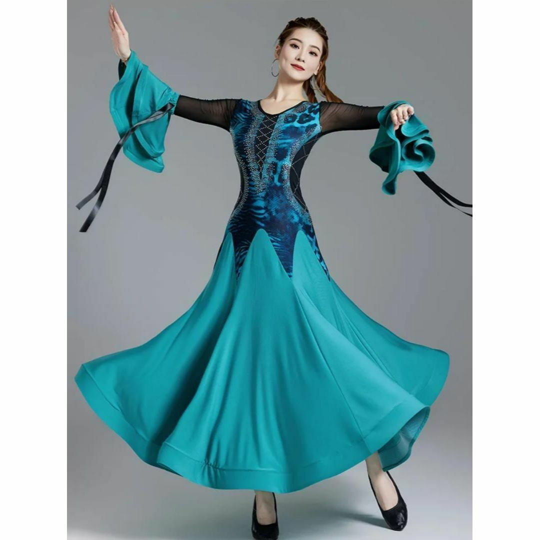 社交ダンス 衣装XL ドレス ブルー青ワンピース タンゴ競技ワルツ長袖