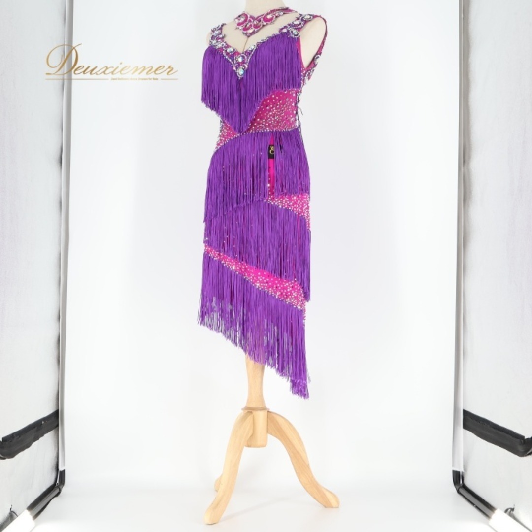 社交ダンス 衣装 ラテン ドレス ワンピース フリンジ 紫 ピンク デモ