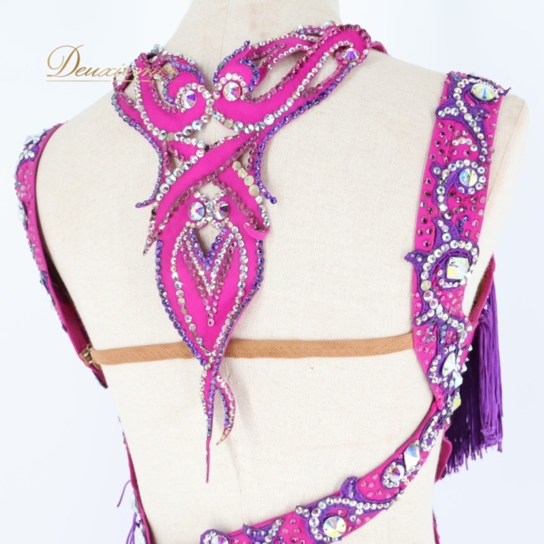 社交ダンス 衣装 ラテン ドレス ワンピース フリンジ 紫 ピンク デモ