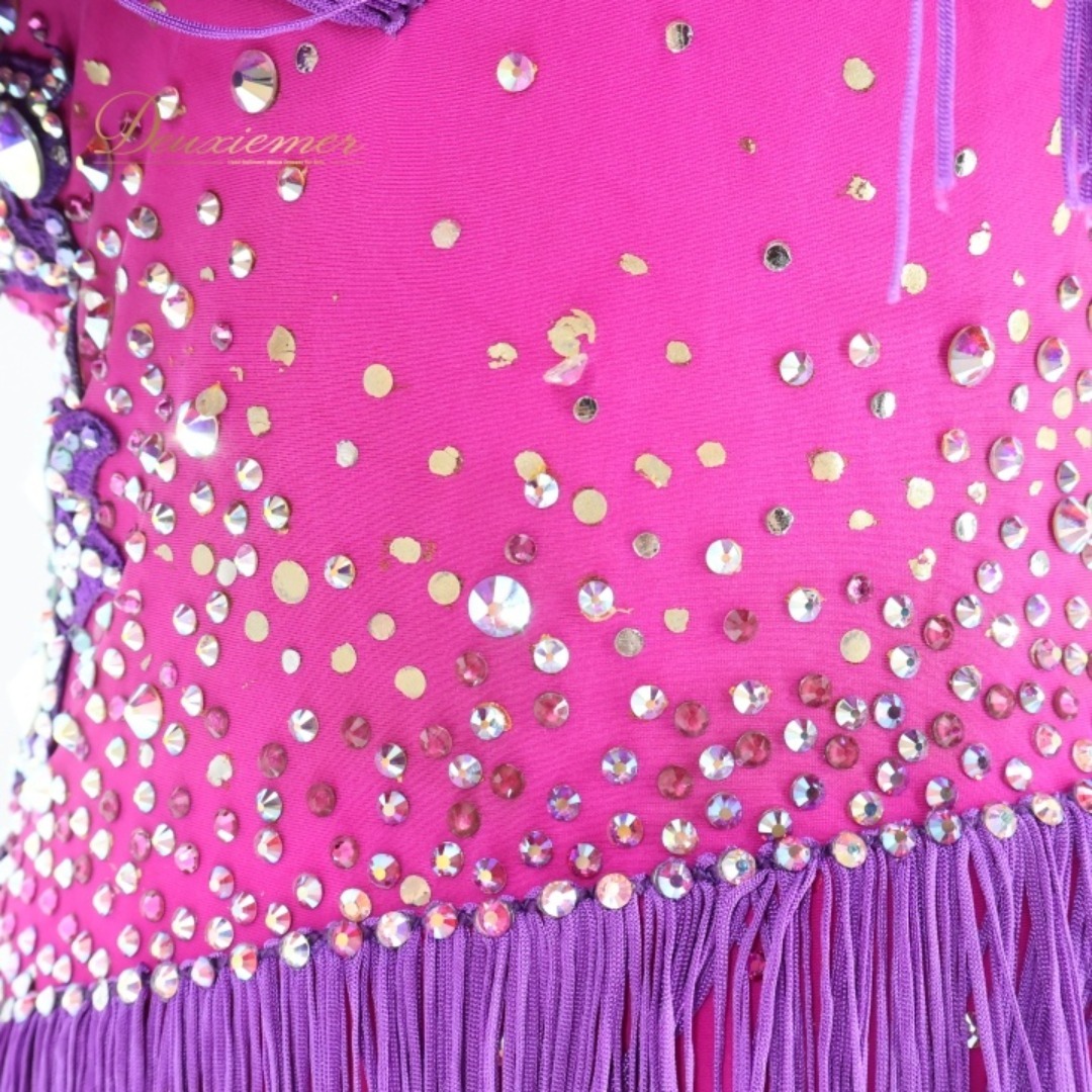 社交ダンス 衣装 ラテン ドレス ワンピース フリンジ 紫 ピンク デモ