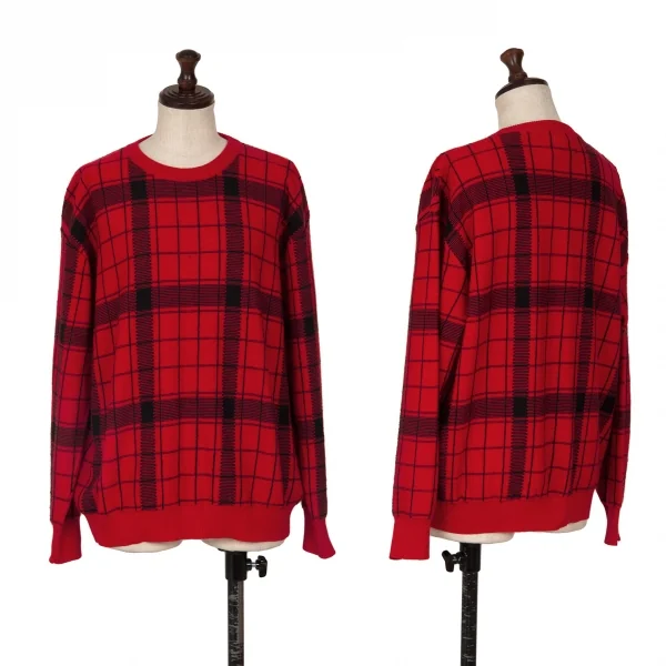 ワイズY's チェックジャガードニットセーター 赤黒M位 (K-126322)
