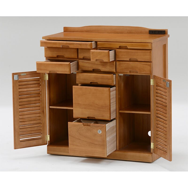 天然木 鍵付き 引き出し いっぱい FAX台 コンセント付き 76cm幅