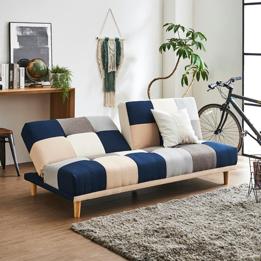 後藤家具物産 背もたれ2WAYパッチワークソファーベッド リアム2/ブルー