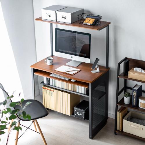 パソコンラック 幅90cm キーボードスライダー付き 木目柄 ブラウン 100