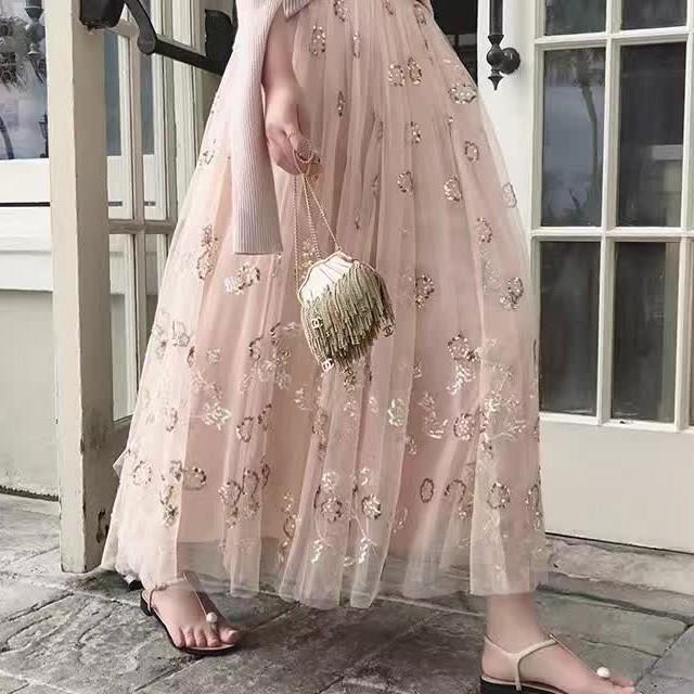 レディース ロングスカート ボトム チュール 花柄 スパンコール