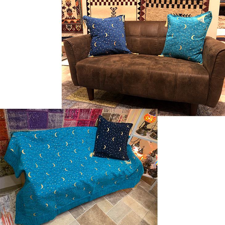 トルコ製 クッションカバー moon and star dark blue 月と星 ダーク