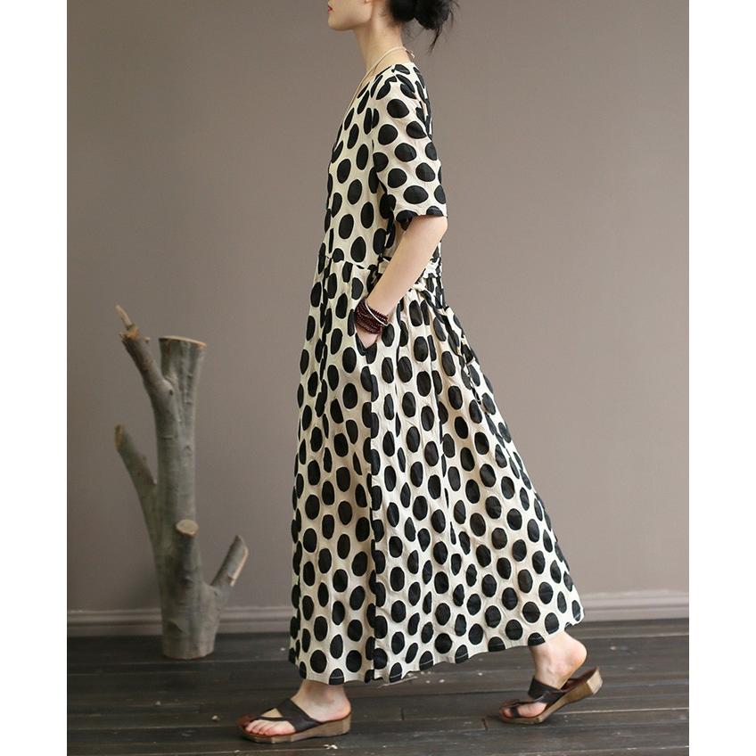 水玉 ドット柄 ワンピース ロング マキシ丈 半袖 大人服 ゆったり 綿