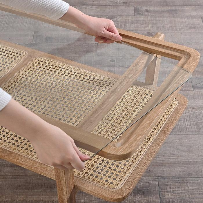 ガラス センターテーブル 幅100cm 完成品 ラタン チーク カゴメ網み 籐