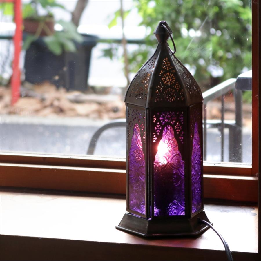 モロッコランタン テーブルランプ バイオレット 高さ24cm 6面の