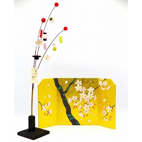 屏風 コンパクト ちりめん 小さい 手作り / 金屏風 桜花図 置物 押絵