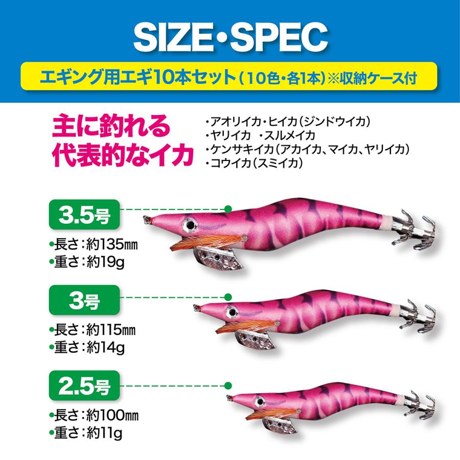 エギ 10本セット 餌木 2.5号 3号 3.5号 イカ釣り ルアー ケース付 夜光