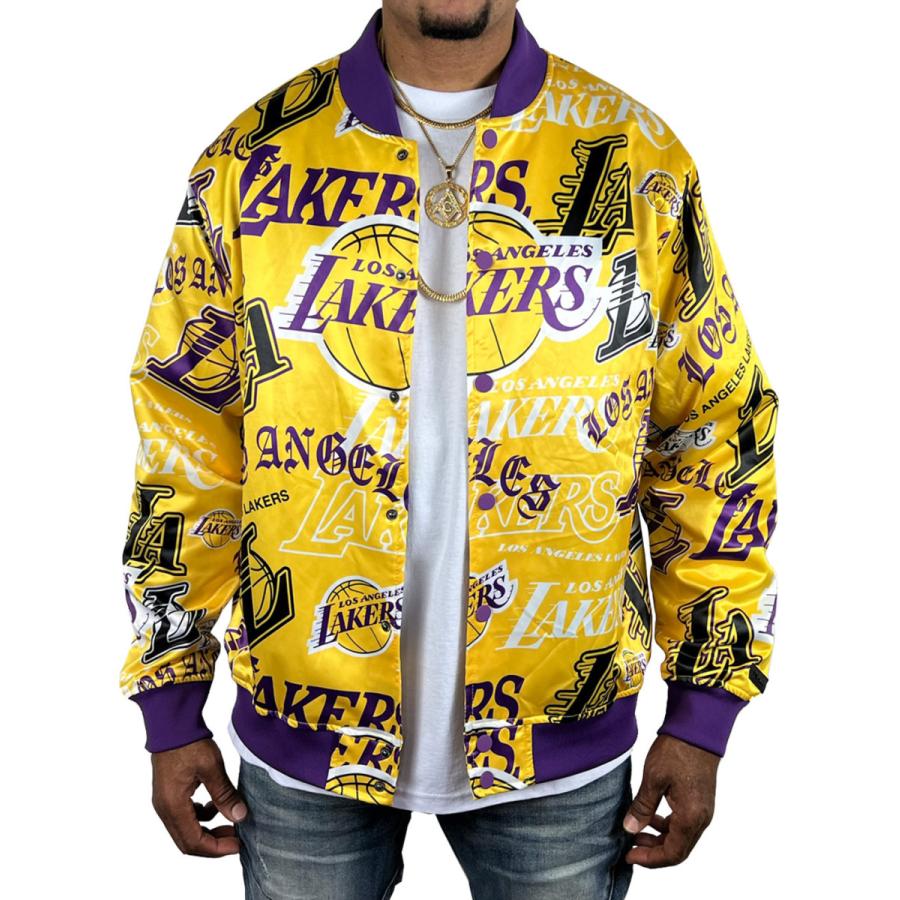 レイカーズ サテン ジャケット スタジャン LAKERS 黄色 紫 イエロー