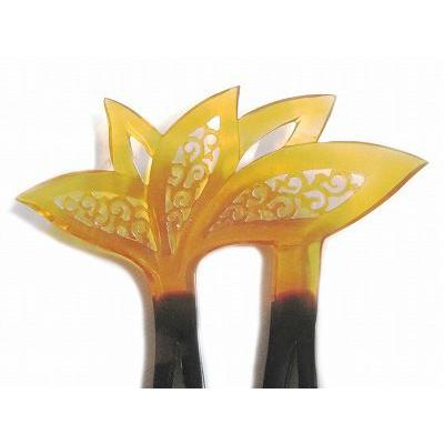 本べっ甲 かんざし 二本挿し 飴色鼈甲に唐草模様の透かし ヘア