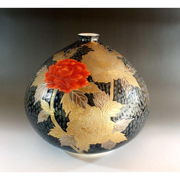 鉄釉金プラチナ彩牡丹絵飾り花瓶｜有田焼 陶芸作家 藤井錦彩作