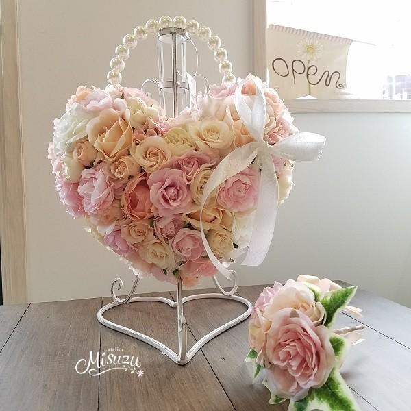 ハートバックブーケ ブートニア付き ピンク ハート型 前撮り 海外