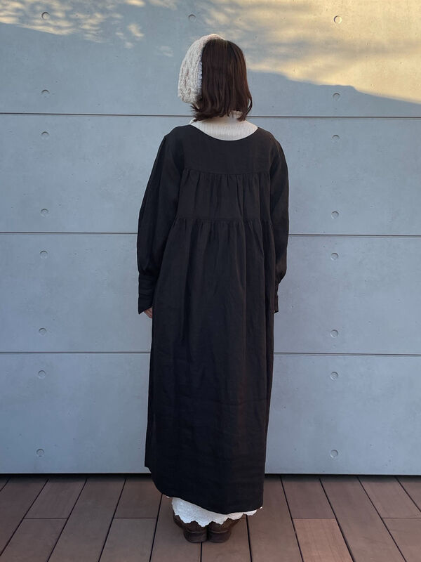 立川店/EC限定】リネンハンドカバーギャザーワンピース（ブラック