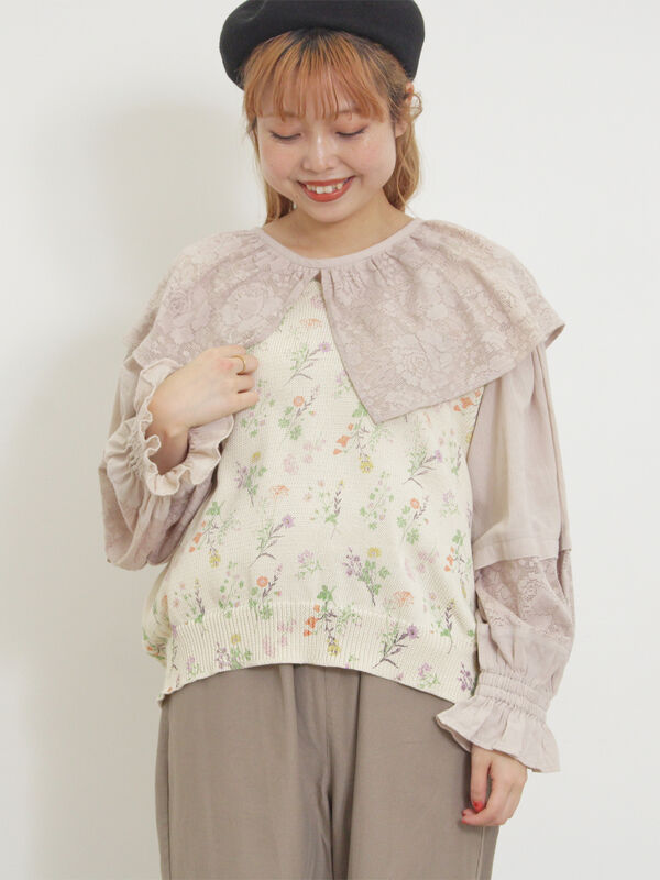 セール】 オーバーレース襟ブラウス（グレー/チャコールグレー/キナリ