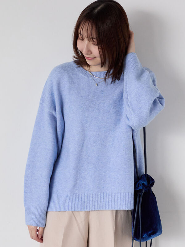 セール】 もちもちメランジクルーネックニット（オフホワイト/グレー