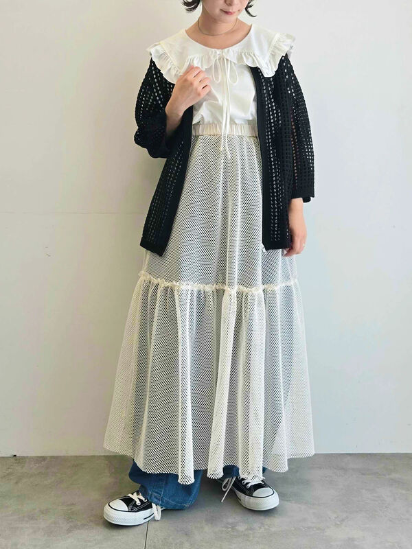 セール】 メッシュ編みZIPカーディガン（ブラック/グリーン/クリーム