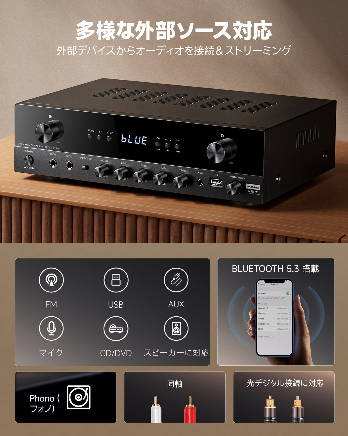MAMP2ステレオアンプ600Wピーク2チャンネルBluetoothレシーバー Donner