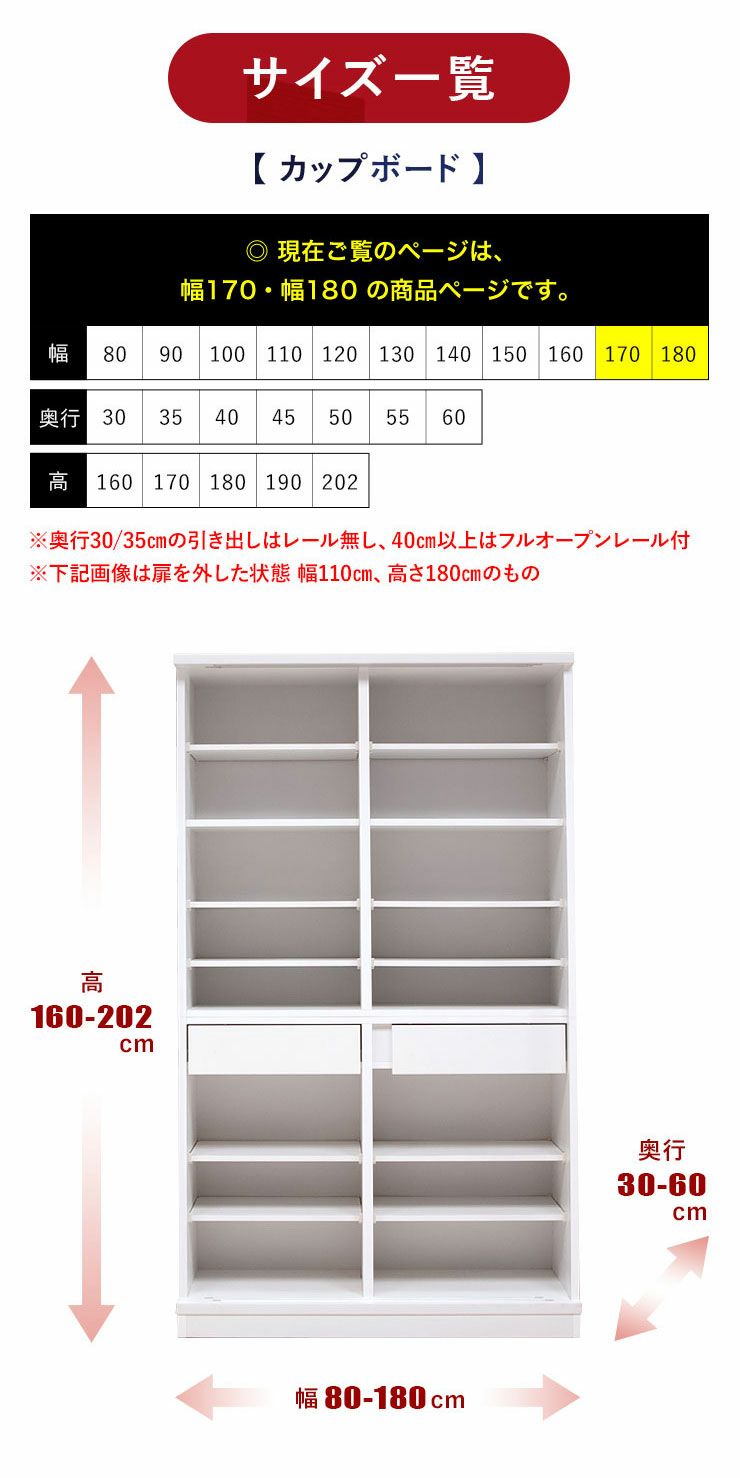 サイズと色が選べる食器棚 セミオーダーキッチン収納 ビアンコ カップ