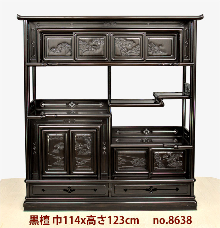 飾り棚:黒檀 8枚戸 筆返し 4尺棚 (これから仕上げ品) no.8638 / 唐木