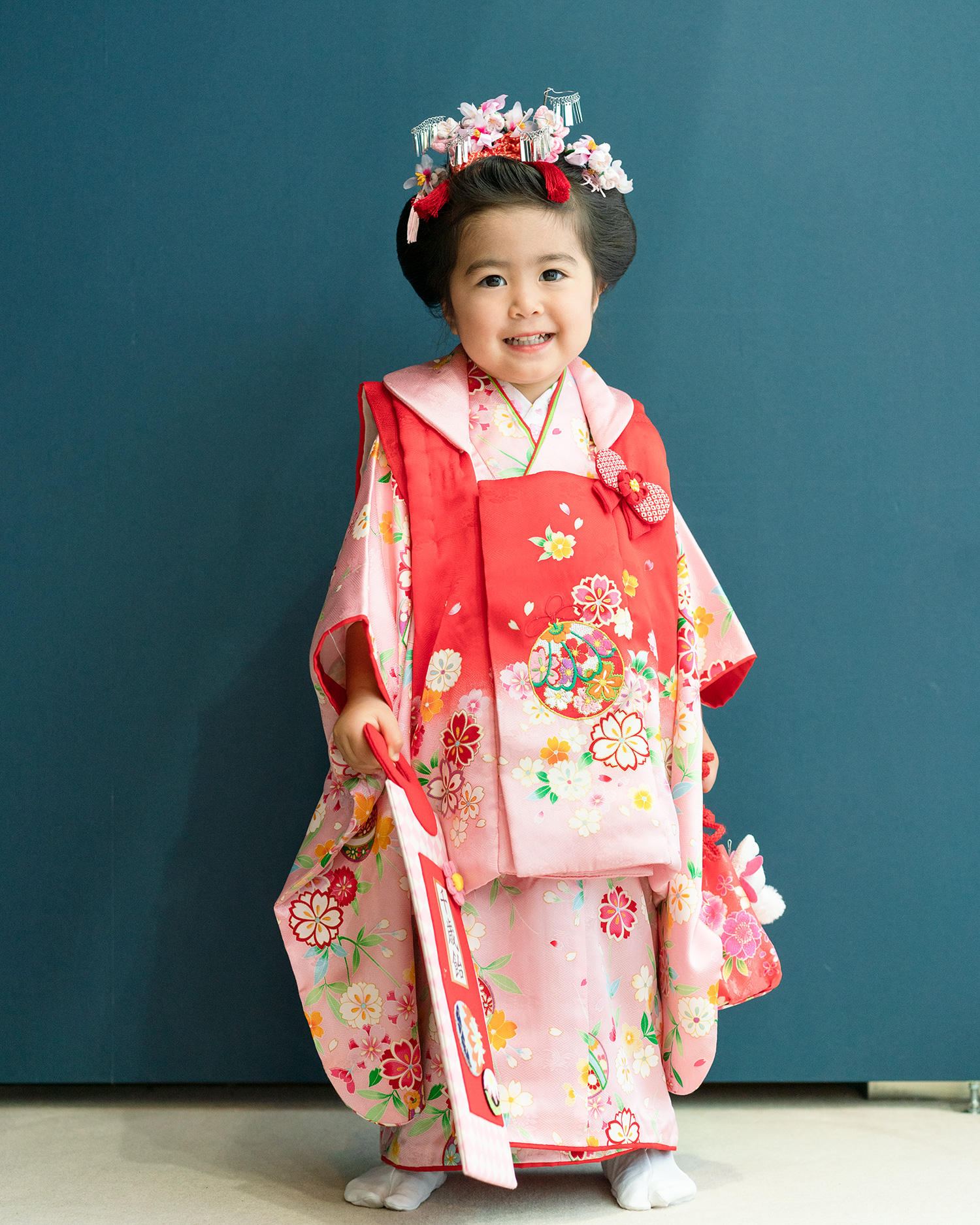 七五三の着物レンタル】 3歳の女の子用被布セット ピンクと赤 品番