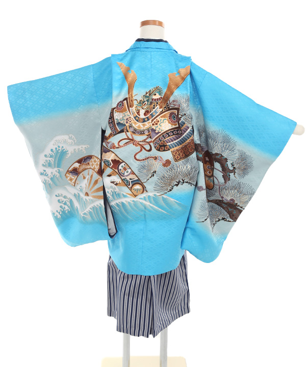 七五三(五歳男の子)着物レンタル｜兜柄水色羽織 紺着物×紺縞袴｜W-B-5