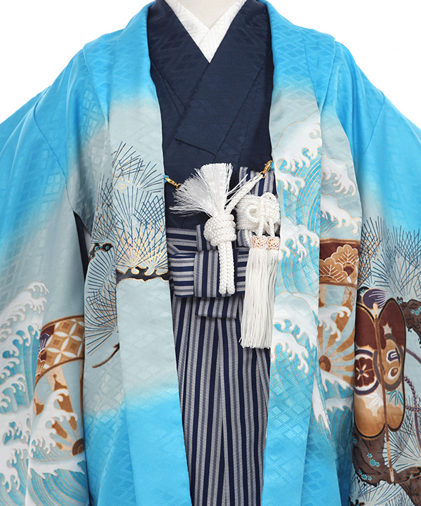 七五三(五歳男の子)着物レンタル｜兜柄水色羽織 紺着物×紺縞袴｜W-B-5