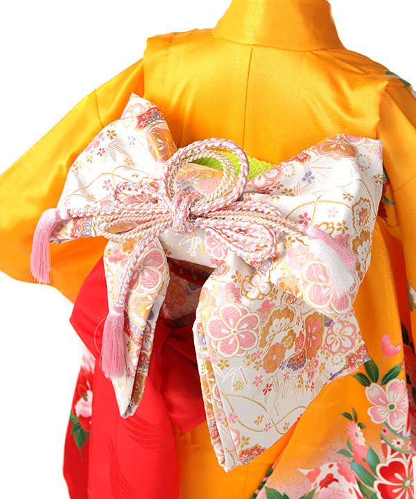 七五三(七歳女の子)着物レンタル｜山吹色に蝶と花々柄着物×白作り帯