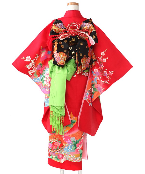 七五三(七歳女の子)着物レンタル｜赤に熨斗目と鼓柄着物×黒作り帯｜W-G
