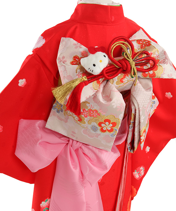 七五三(七歳女の子)着物レンタル｜キティちゃん柄赤色着物×白作り帯