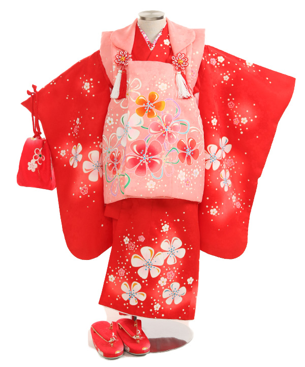 七五三(三歳)｜お花柄赤色着物×ピンク色被布｜W-G-3-150｜宅配着物
