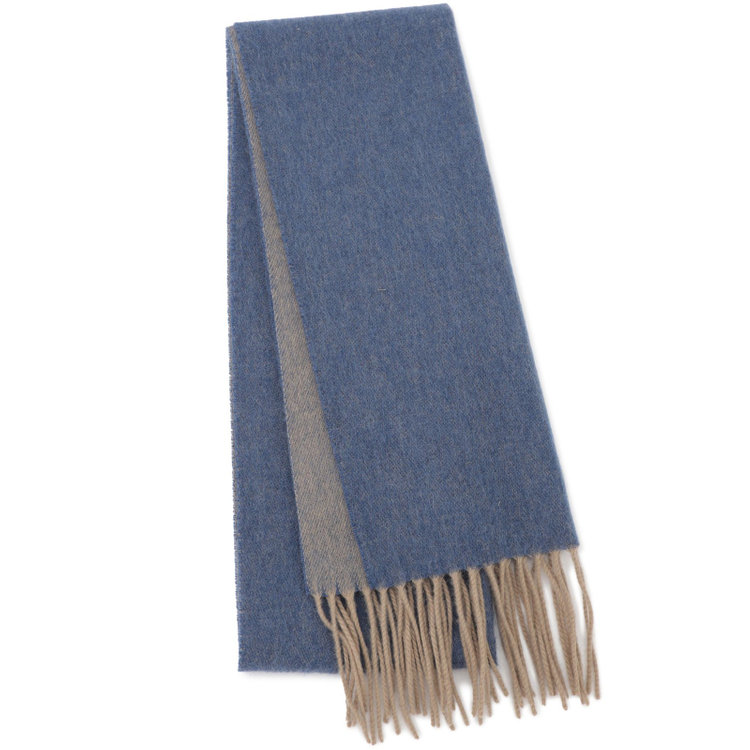 カシミヤ100%マフラー/ブルー+ベージュ/ウォッシャブル/29.5cm×175cm