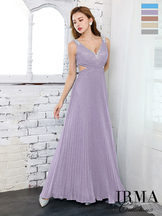 IRMA/イルマ】ラメニット ワンカラー ビジュー プリーツ フレアロング