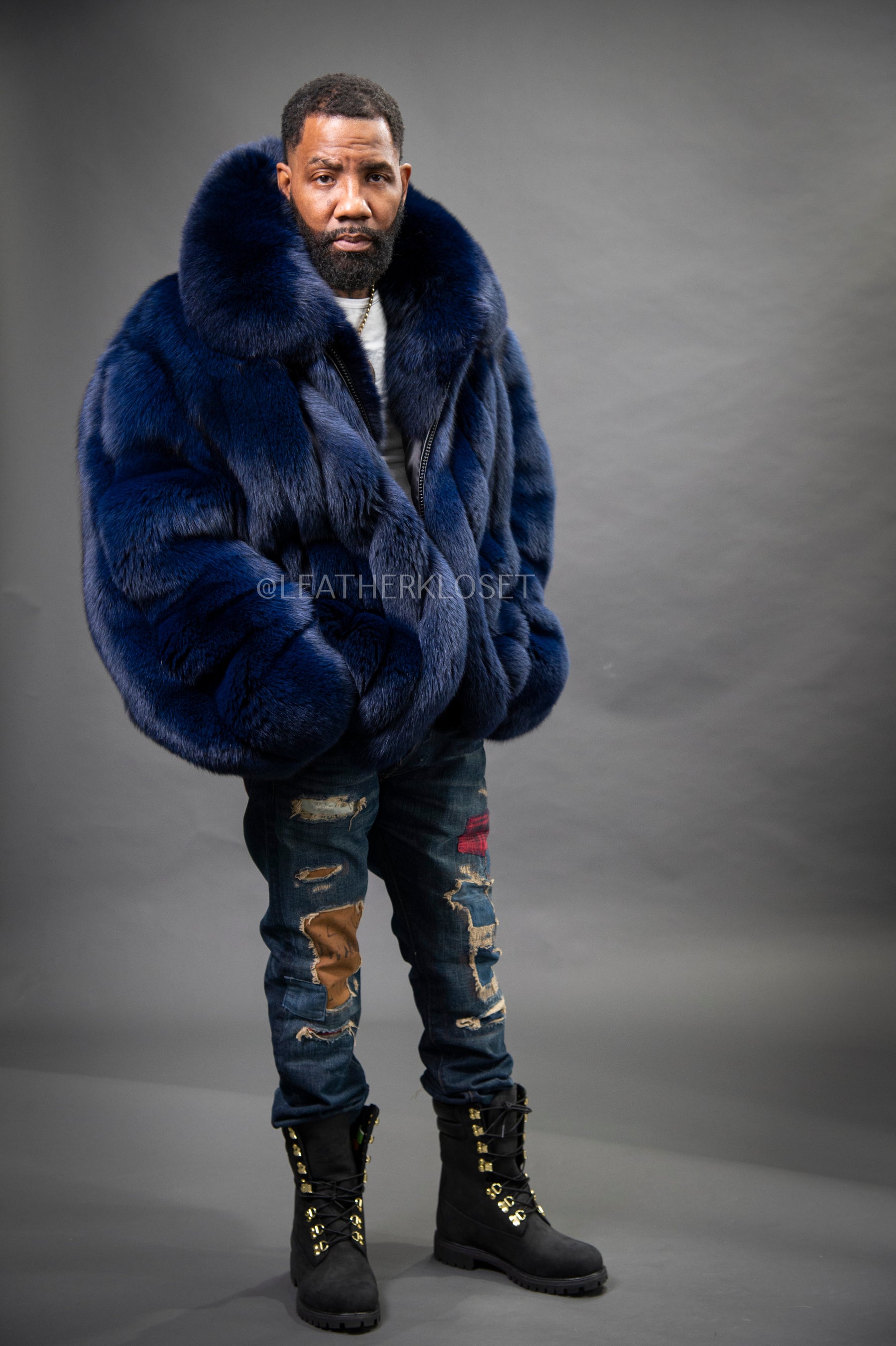 Men's Fox Fur Bomber Jacket [Navy Blue] – LeatherKloset