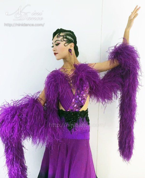 DA084豪華羽根付き紫黒グラデーションのモダンドレス : 社交ダンス