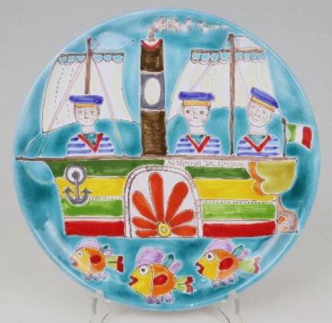 イタリア製 輸入雑貨 シチリア 陶器 絵皿 壁飾り 壁掛け 手描き 蒸気船