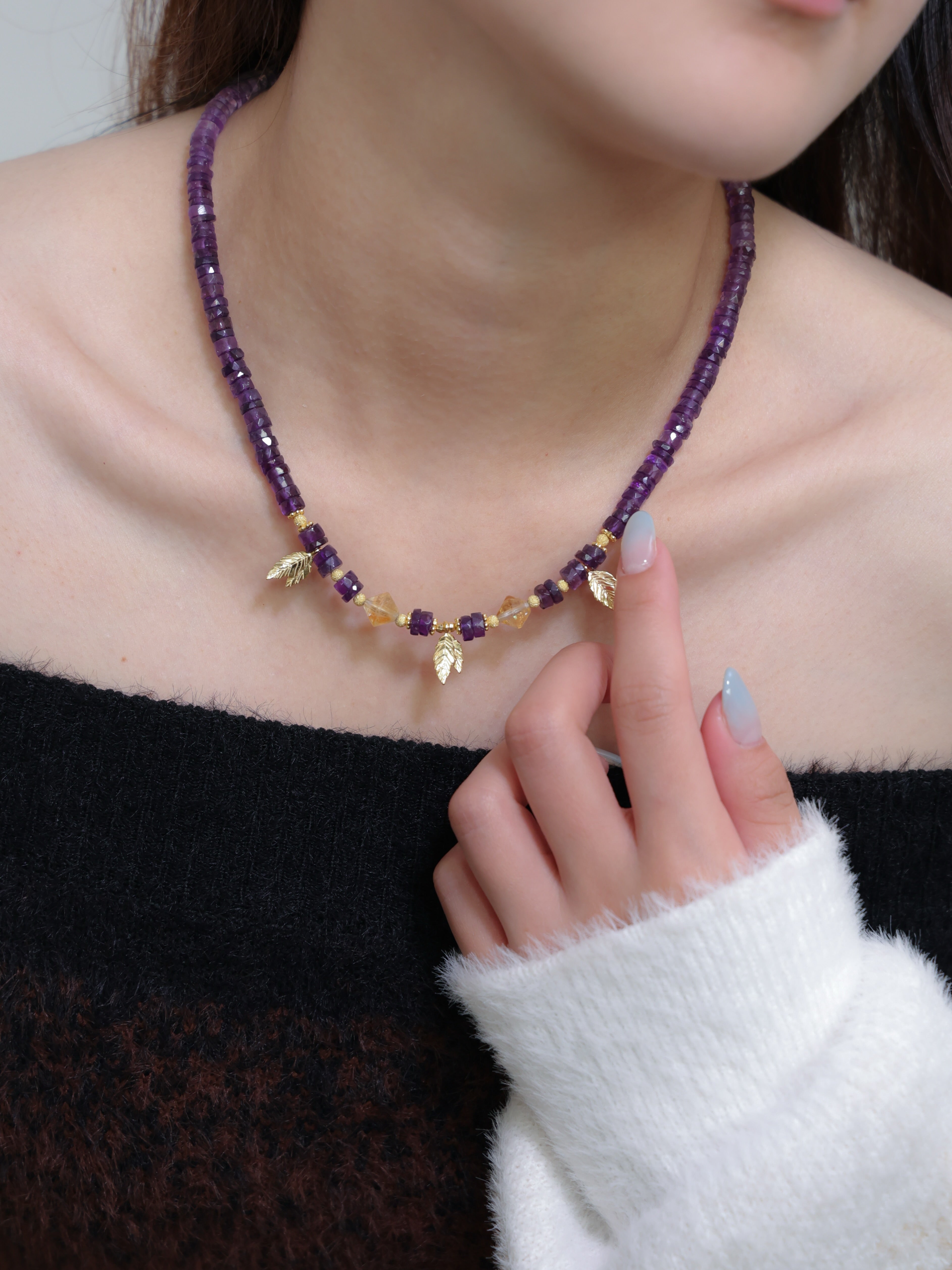 シトリン & アメジスト ネックレス - 揺れる紫の雫 / 2月・11月誕生石
