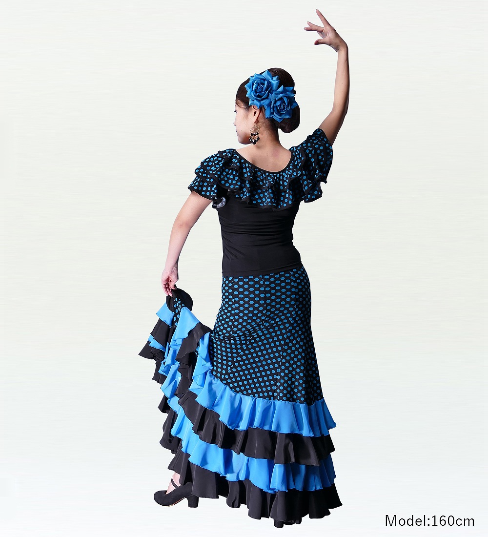 フラメンコ 水玉 フリル マーメイド ファルダ スカート ブルー 2355bl