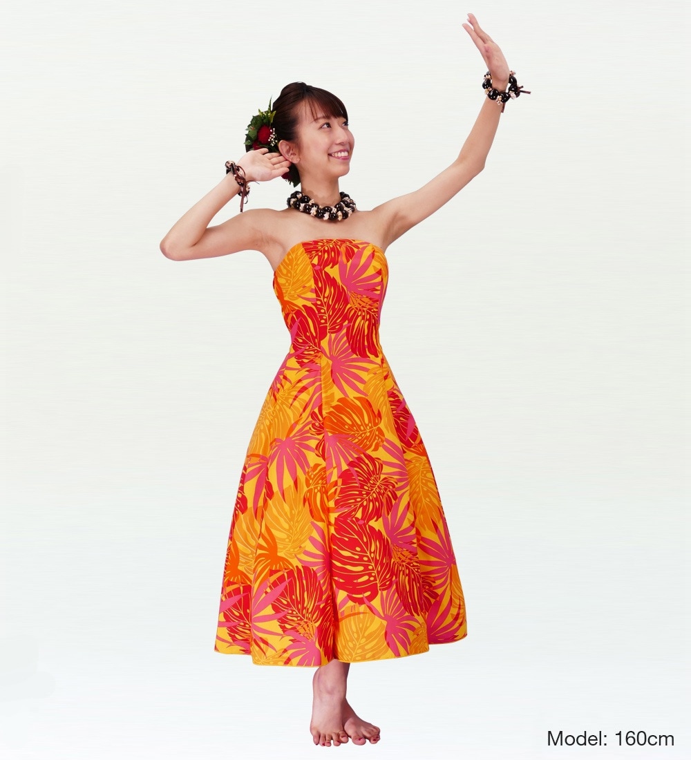 フラダンスムームー ストラップレス ミディ丈ドレス オレンジ 2345o