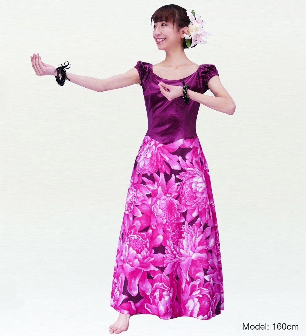 フラダンス ベロア×ハワイアンファブリックドレス ピンク 2432pi